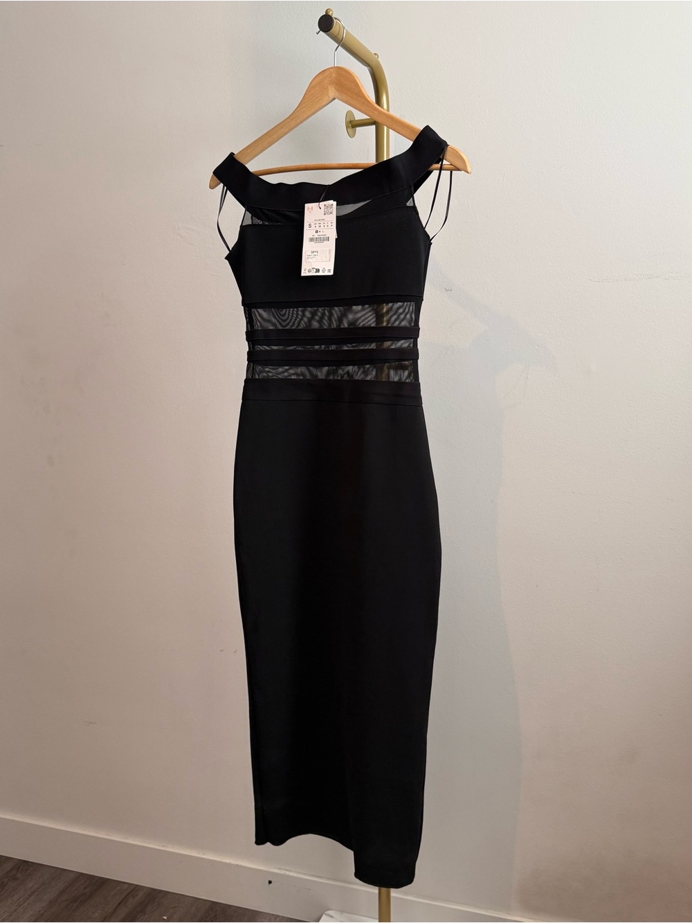 Zara NWT Black Mesh-Panel Bodycon Cocktail Dress Size Small